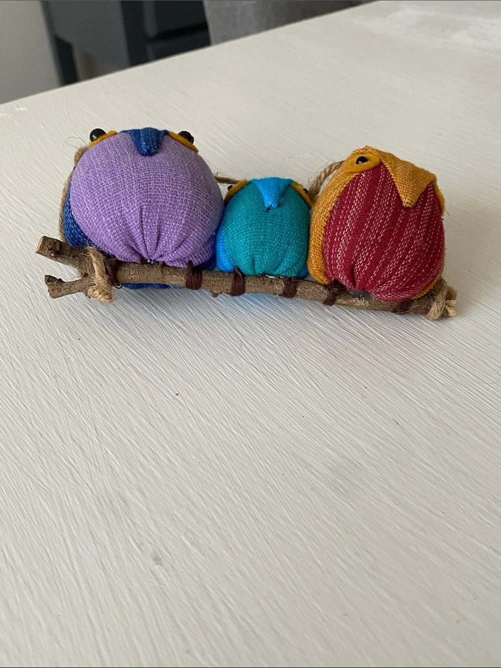 Colorful Fabric Owl Trio on a Branch Hanging Ornament - Farmhouse Rustic